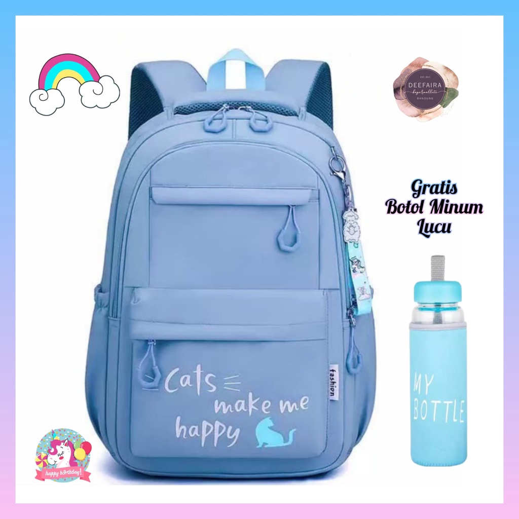 Tas Ransel Anak Perempuan Motif C4t M4k4 M3 H4ppy Untuk Sd Smp Sma Free Botol Minum Lucu