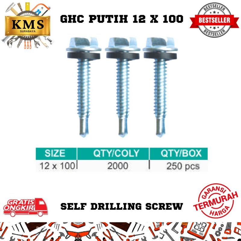 Baut SDS Roofing Drill Kayu Galvalum Baja Ringan Putih GHC 12x100 ( Self Drilling Screw )