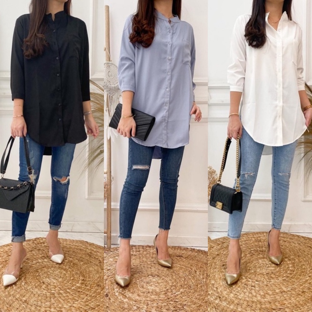 Baju Atasan Kemeja Tunik Hitam Stretch Lengan 3 4 Polos OOtd Kancing Depan Muslim Putih Navy Wanita 