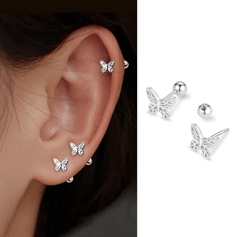 Roselife 2 Pcs Korea Perak Double-head Round Ball Butterfly Stud Earrings Untuk Wanita Perempuan Chic Tindik Tulang Rawan Sekrup Anting Telinga Tulang Perhiasan Hadiah