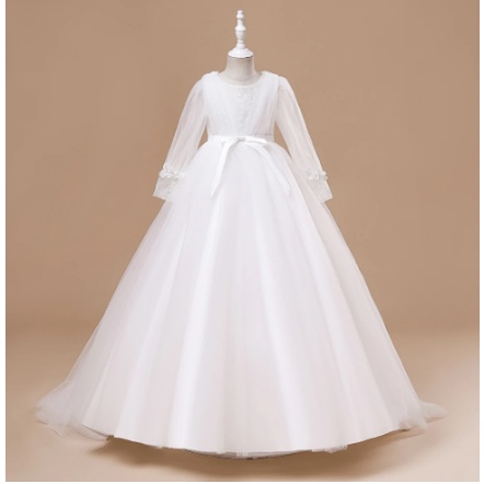 Gaun Anak Perempuan Remaja Pengiring Pengantin Formal Lengan Panjang Kostum Anak-anak Pesta Putri Bunga Baju Anak-anak Pernikahan Gaun Malam
