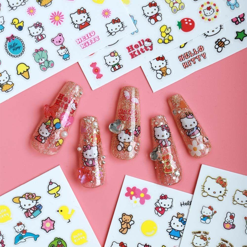 Mxbeauty Kartun Stiker Kuku Wanita Lucu Cinta Hati Ikatan Simpul Manikur Aksesoris Beruang Kitty Cat Nail Stickers