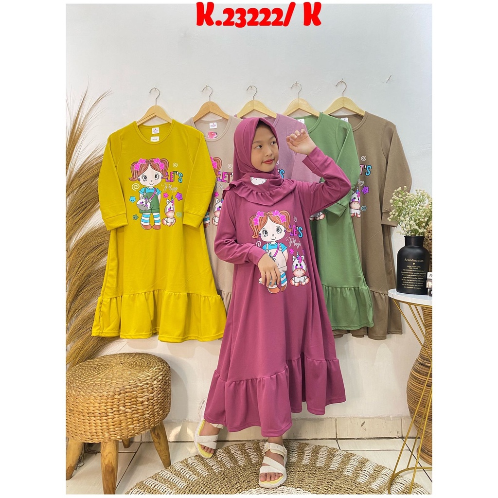 Gamis + hijab anak perempuan motif let's play bahan voxy premium merk latin (8-10 tahun)