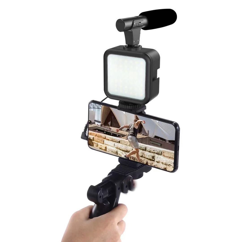 Vlogging KIT Paket Vlog 5in1 AY49 LED Light Tripod Phone Holder Microphone Remote Shutter.