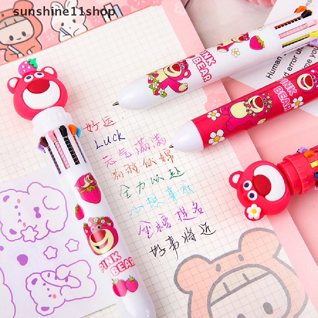 Sho Strawberry Bear 10warna Pulpen Bolpoin Multi Warna Kawaii Kartun Press-type Color Pen Alat Tulis Sekolah Multi-Fungsi Supply Hadiah Alat Tulis N