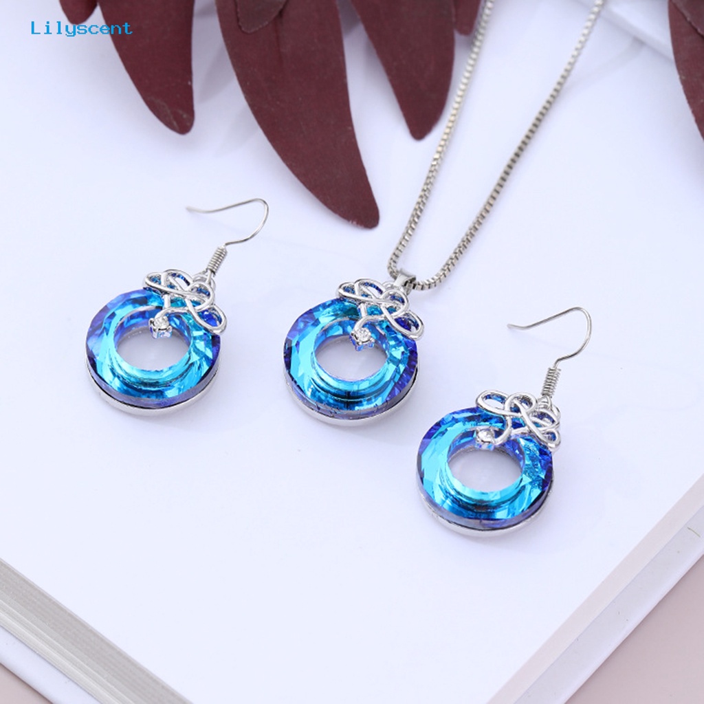 [LS] 1set Set Perhiasan Wanita Romantis Geometris Infinity Cinta Bulat Liontin Kilau Terang Hias Rantai Klavikula Biru Menjuntai Anting Set Perhiasan Pengantin Pakaian Sehari-Hari