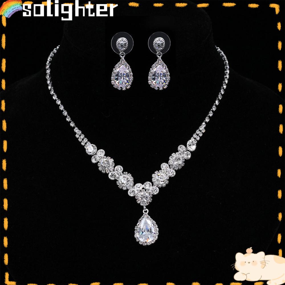 Solighter Wanita Aksesoris Pengantin Anting Kalung Zirconia Cubic Set Perhiasan