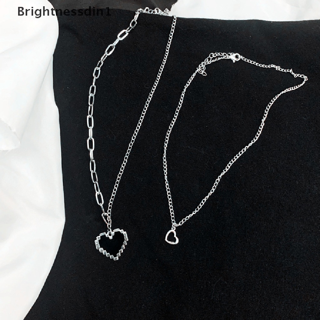 [Brightnessdin1] Mosaik Hitam Cinta pixel peach Jantung Liontin double layered Ribbon Gothic Hip Hop Rantai Perhiasan Panjang Kalung Pria Dan Wanita Kalung Butik