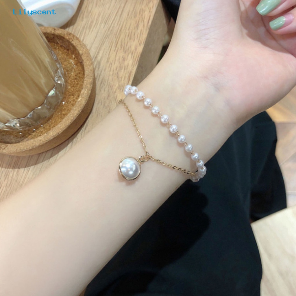 [LS] Kalung Lingkaran Double-layered All-match Elegan Nyaman Electroplating Faux Pearls Women Bracelet Untuk Pacaran