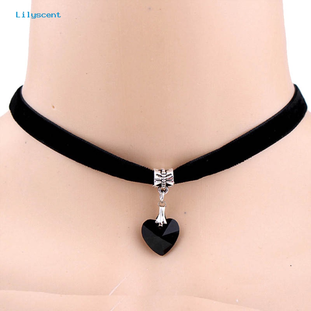 [LS] Wanita Gothic Hati Berlian Imitasi Liontin Beludru Choker Pendek Kalung Perhiasan Hadiah