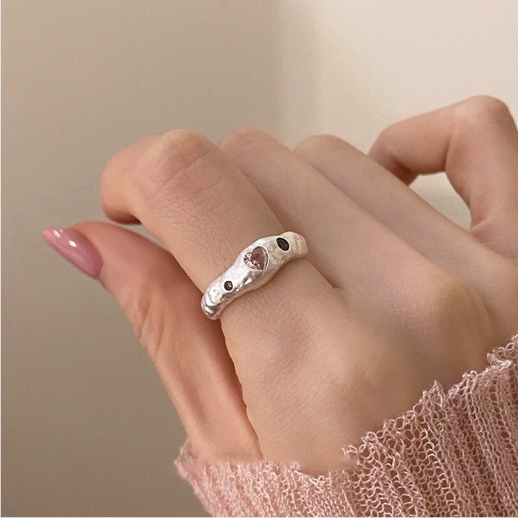 Y2k Vintage Irregular Silver Color Rings Adjustable Open Ring Korea Pink Heart Zircon Ring Minimalis Estetik Perhiasan Trendi