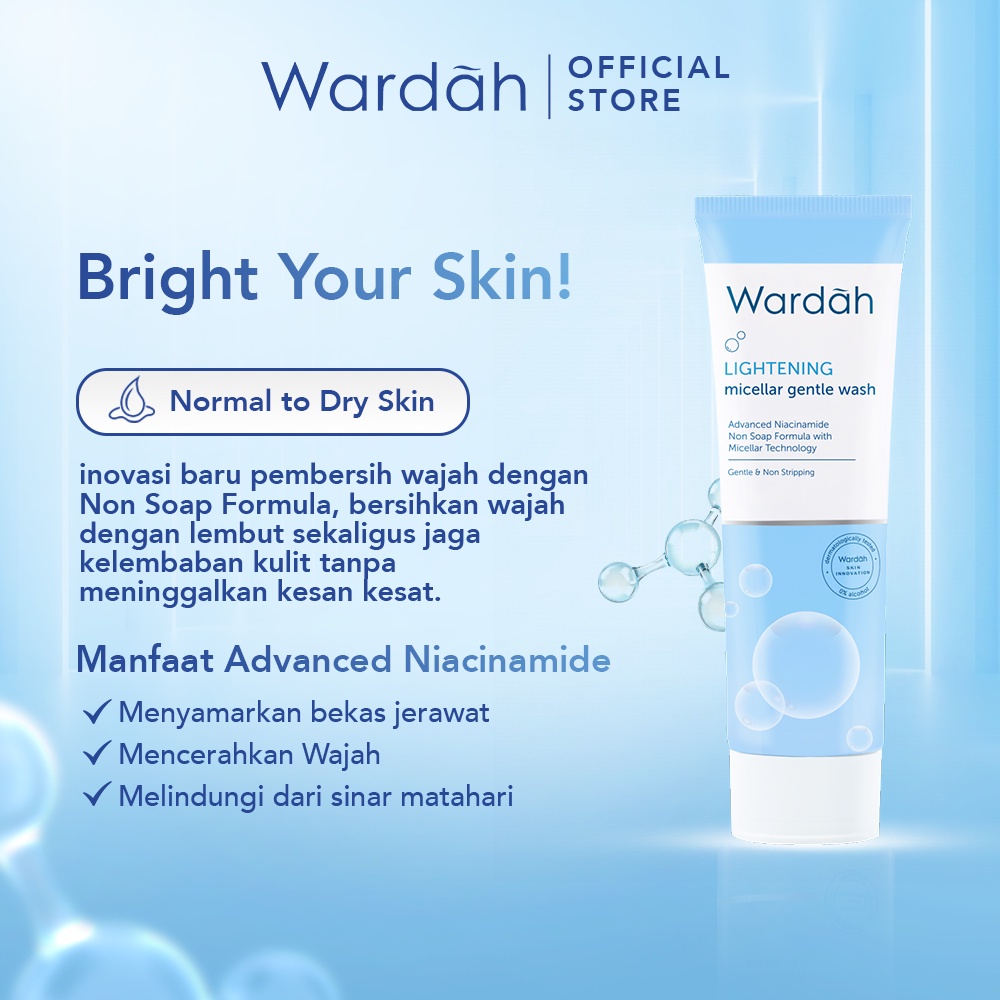 WARDAH Lightening Micellar Gentle Wash Indonesia / Pembersih Wajah 50ml 100ml / Advanced Niacinamide Non Soap Formula With Technology / Gentle &amp; Non Stripping / Facial Foam Cleanser Cleansing Water Makeup Glow Sabun Cuci Muka / Skincare Face Care Series