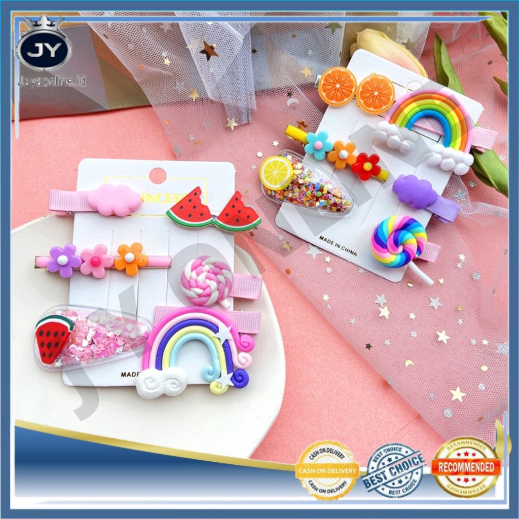 JY Jepit Rambut Anak Poni Rainbow Buah Permen 6 in 1 / Hair Clip Pelangi Candy Fruit Motif Karakter Lucu / Aksesoris Gaya Korea Import Murah