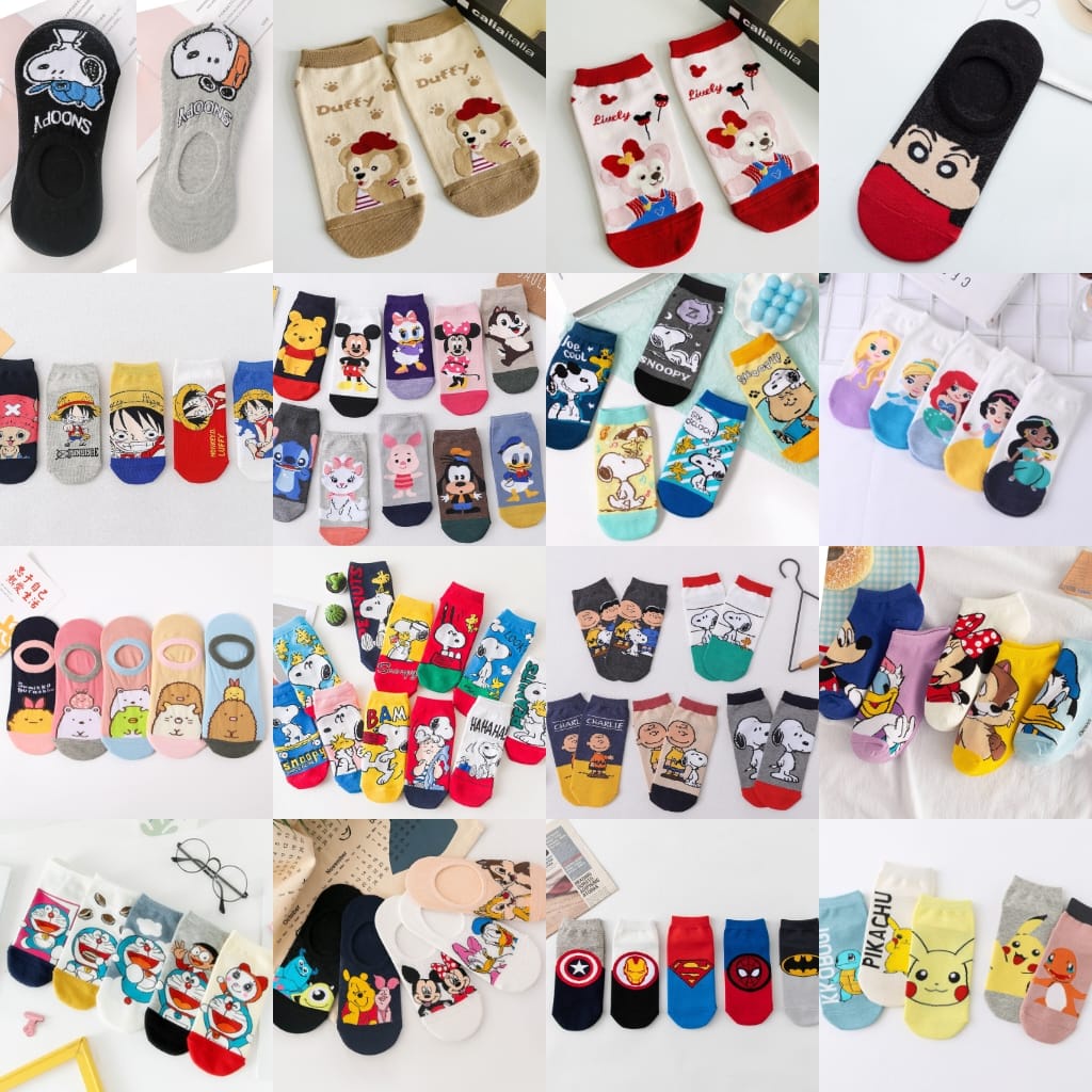 Kaos kaki Import Toy Story Monster Inc Stitch Snoopy Disney Marvel One Piece Pokemon Cinnamoroll Sanrio Melody Kuromi Pompompurin Shellie May