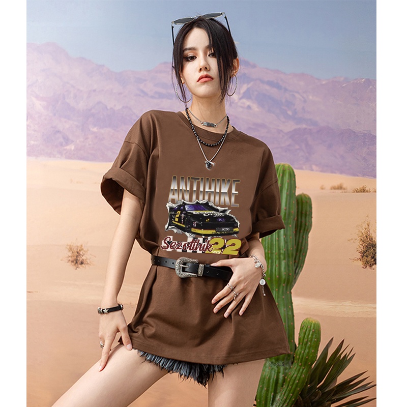 american vintage lengan pendek motif printed t-shirt oversize kekinian letter car graffiti kaos hitam couple