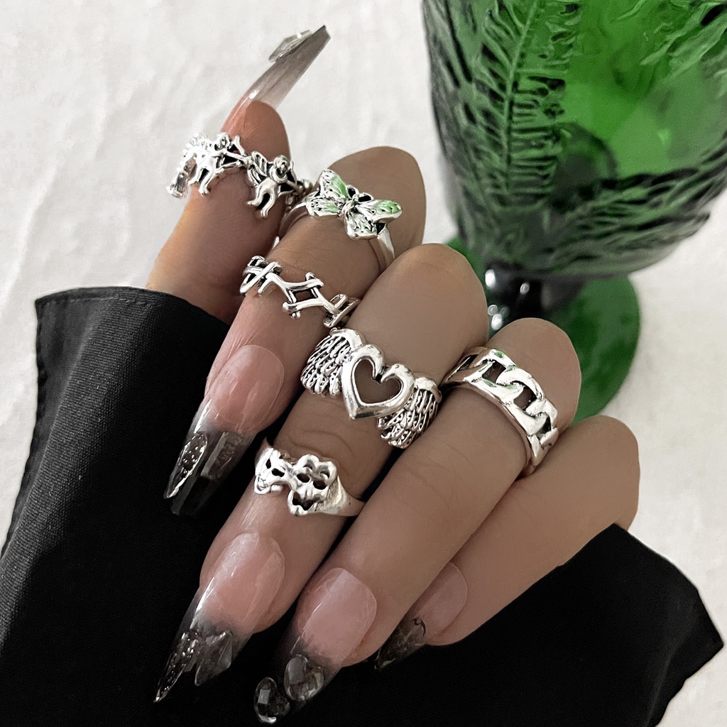 Fashion Trend Desain Ekspresi Tas Cincin Set Wajah Tersenyum Menangis Angel Love Rantai Sayap Kupu-Kupu Cincin Set