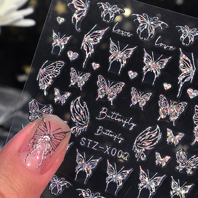 Aurora Perak DIY Kupu-Kupu Self-adhesive Nail Art Stiker 3D Reflektif Ular Naga Bintang Bulan Pola Hati Sparkly Decals Nail Art Dekorasi