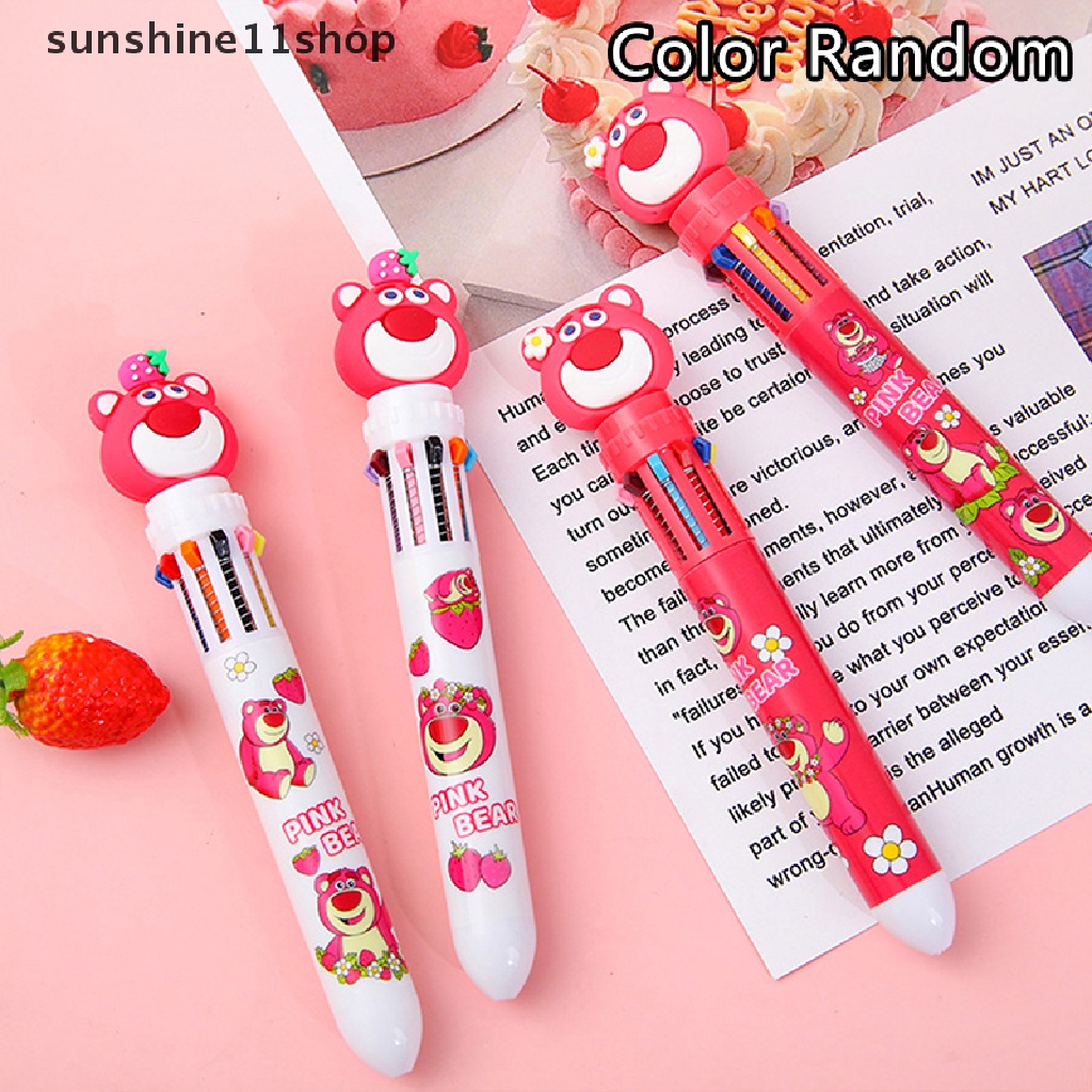 Sho Strawberry Bear 10warna Pulpen Bolpoin Multi Warna Kawaii Kartun Press-type Color Pen Alat Tulis Sekolah Multi-Fungsi Supply Hadiah Alat Tulis N