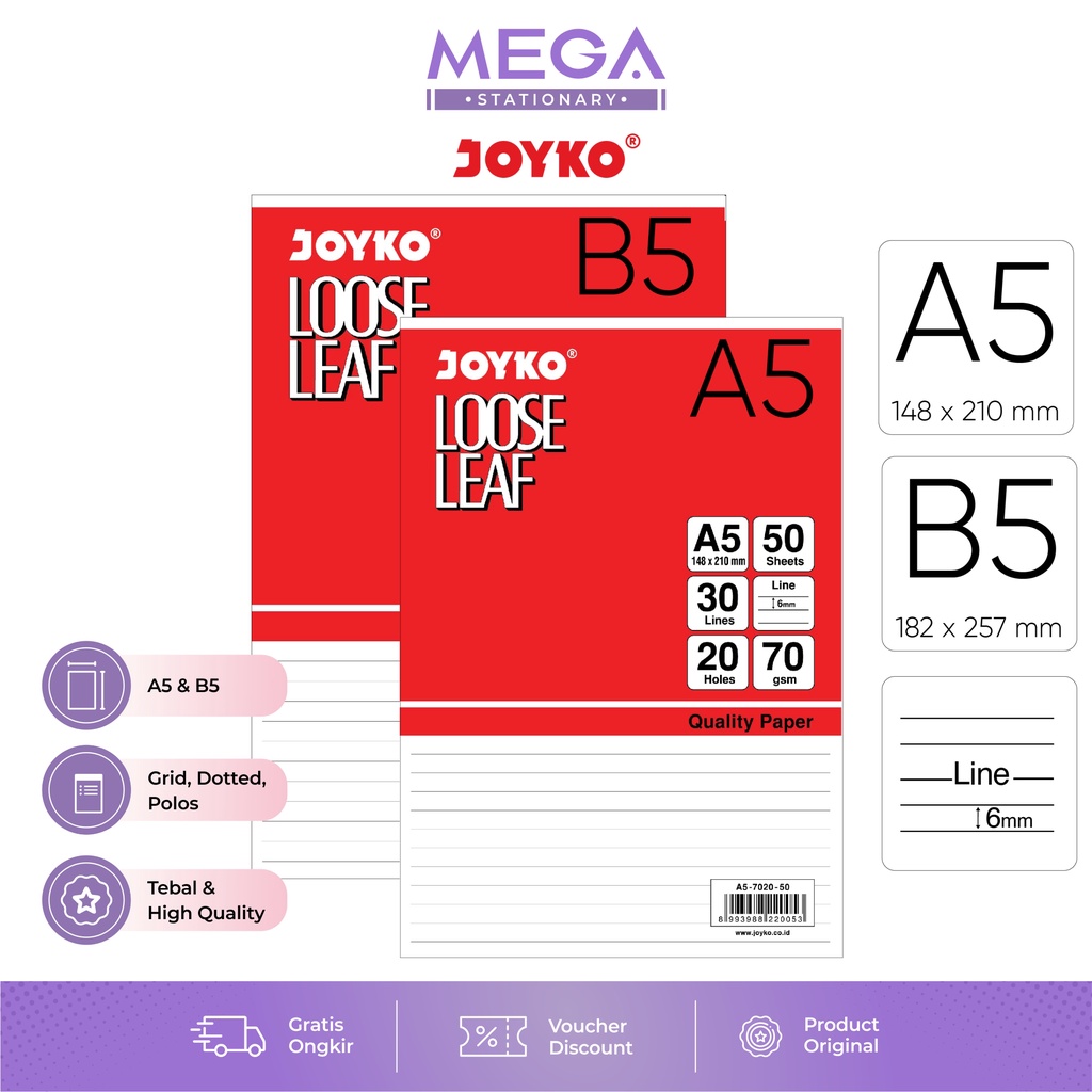 

COD - Loose Leaf A5 & B5 - Joyko 100 gram Kertas File Grid, Dotted, Polos