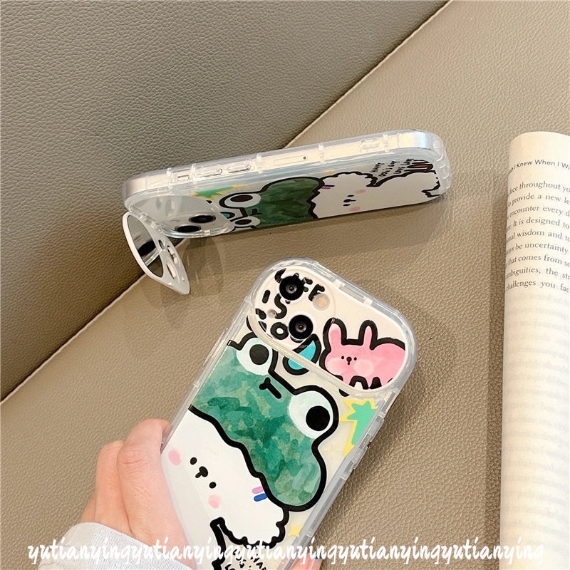 IPHONE Soft Phone Case Kompatibel Untuk Iphone11 12 14 13 Pro Max 7Plus X8 7 Plus XR XS Max SE 2020 Flip Make Up Cermin Graffiti Kartun Hewan Lucu Kelinci Kodok Anjing Cover