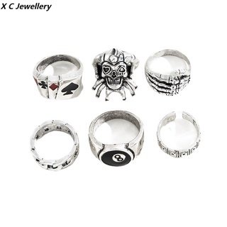 [X C Perhiasan] Fashion Hip Hop 6-Piece Ring Buckle Desain Ukuran Geometris Bahan Logam Perak Vintage Hadiah Ulang Tahun Untuk Pria Dan Wanita