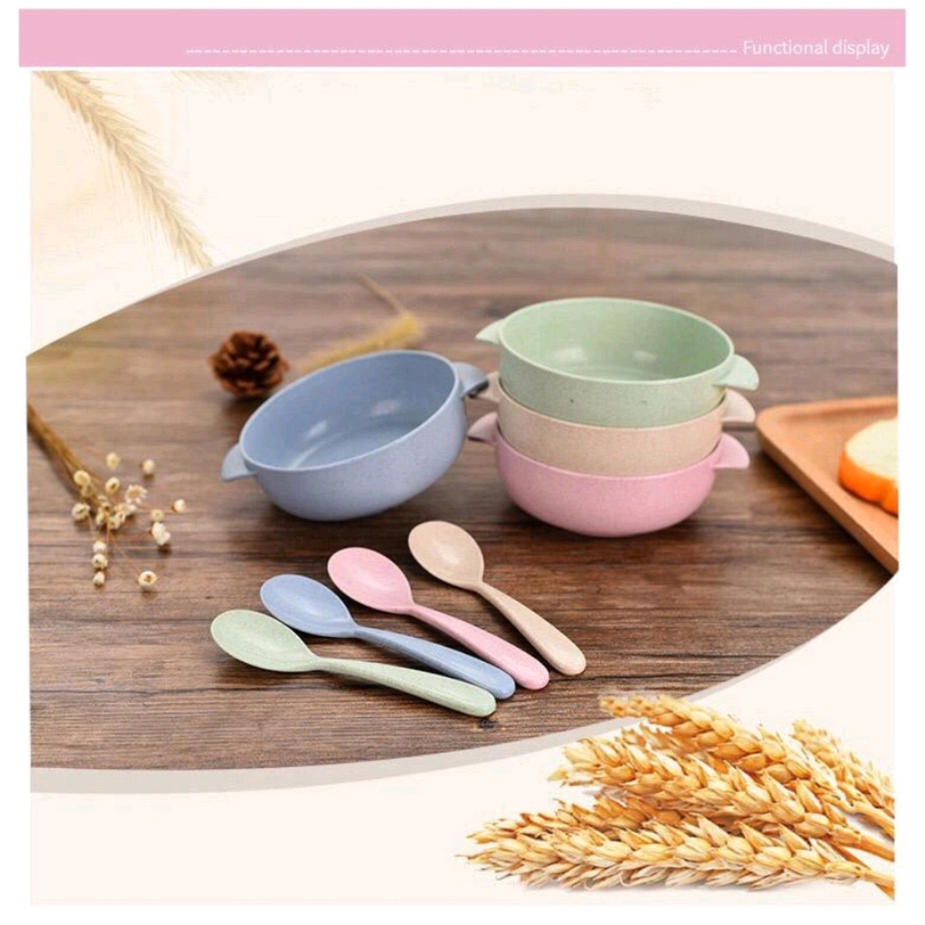 MANGKOK DAN SENDOK ANAK / MANGKOK MAKAN MINI + SENDOK / MANGKOK MAKAN TEBAL BPA FREE / SET MANGKUK MAKAN BAYI BAHAN JERAMI / WHEAT STRAW BOWL + SPOON / PERLENGKAPAN MAKAN ANAK BAYI (IP)