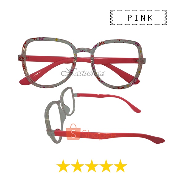 Kacamata Anak cewe Anti Radiasi Bingkai Segi 5 Cat Eye Motif Bunga Terkini Lucu Cute Kacamata Komputer Anak Lensa Blueray Fashion Korea Kids FREECASE