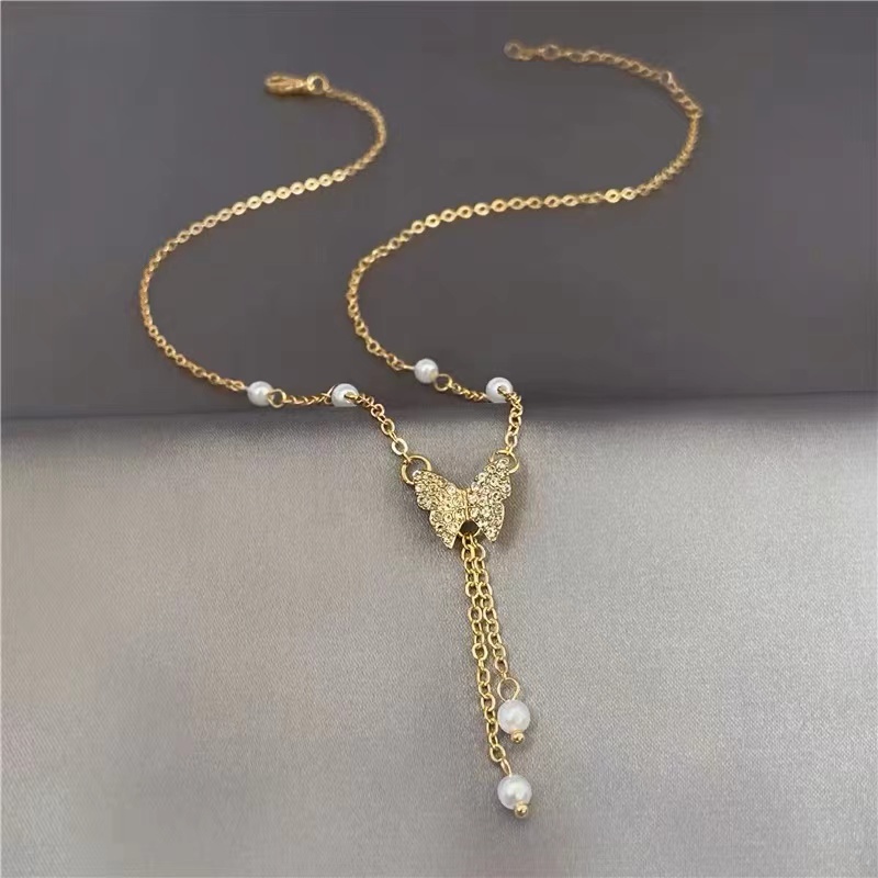 Kalung Mutiara Kupu-Kupu Gaya Baru Kreatif ins Niche Eropa Amerika Desain Sederhana Perhiasan Rantai Klavikula Mewah Ringan