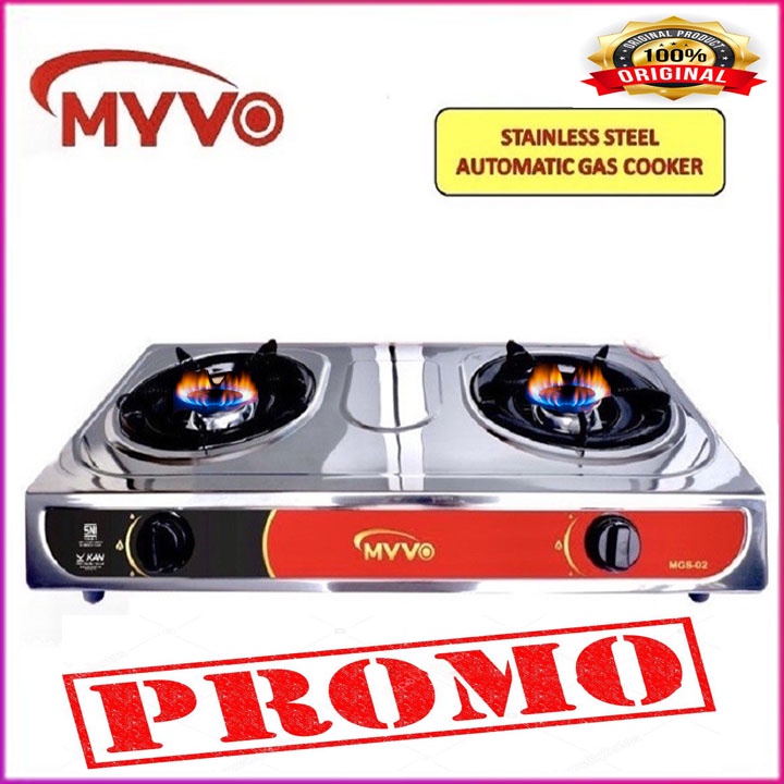 KOMPOR GAS MYVO MGS02 2 TUNGKU STAINLESS STEEL FREEE SLANG REGULATOR BERGARANSI RESMI MANTAP