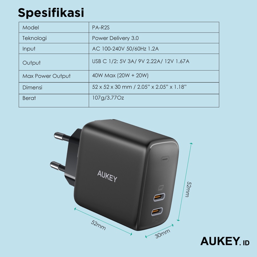 Charger Aukey PA-R2S 40W Dual USB-C PD - 501541