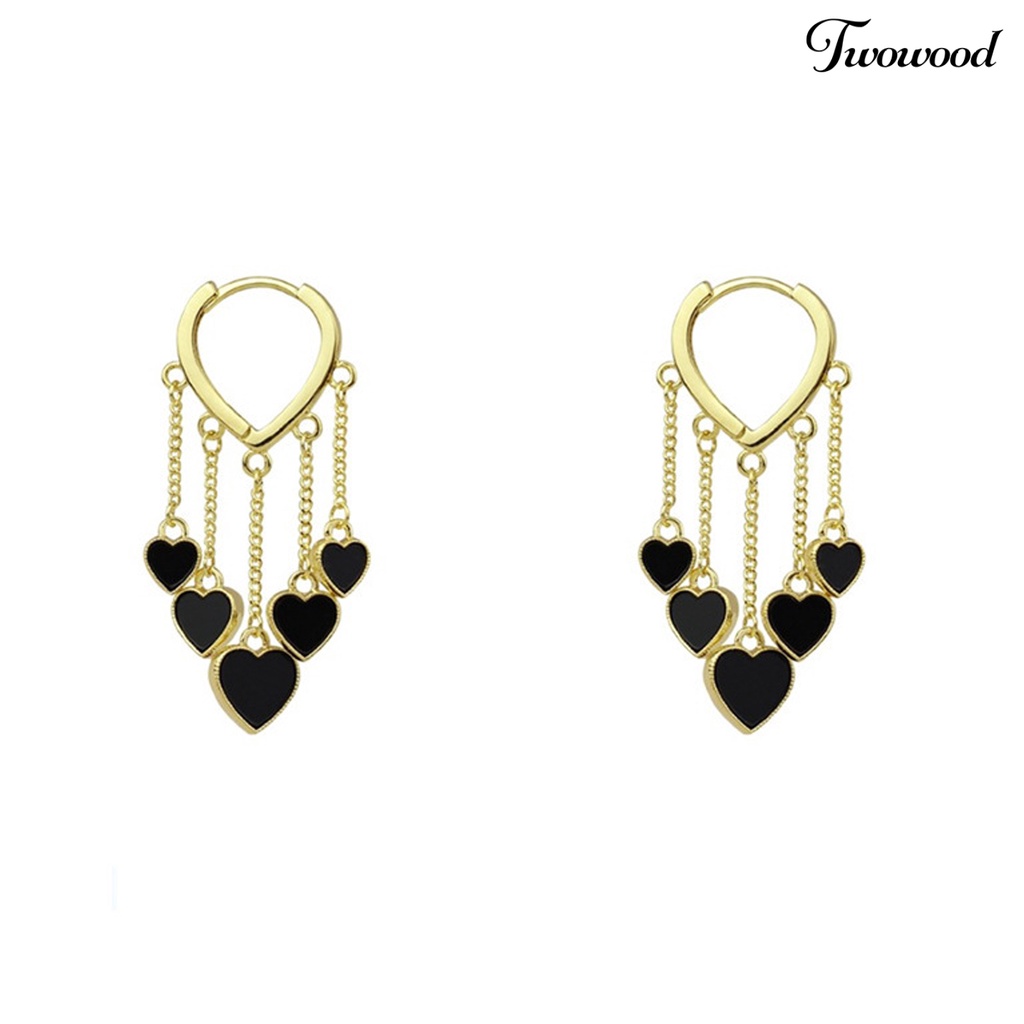 Twowood 1pasang Anting Menjuntai Gaya Korea Elegan Temperamen Paduan Hati Hitam Wanita Drop Earrings Fashion Jewelry