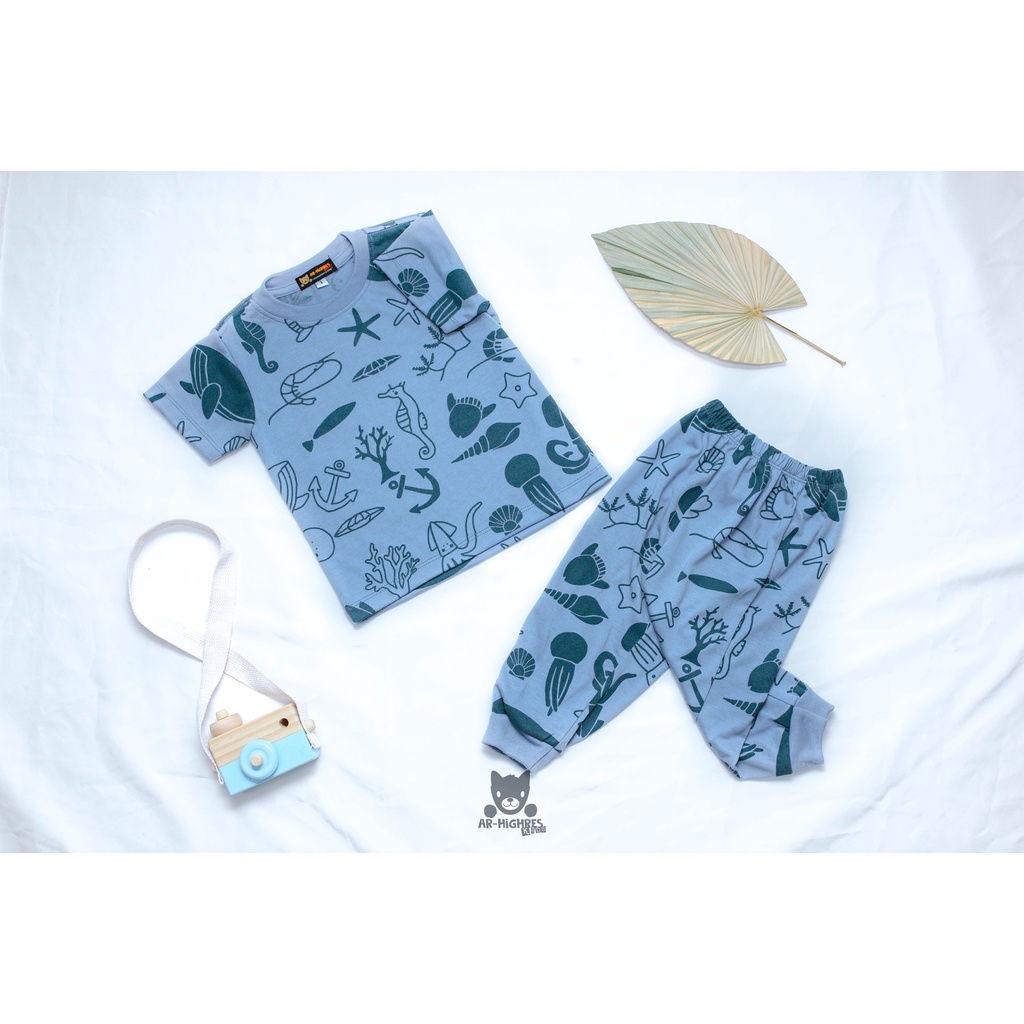 One Set Anak | Baju Anak Setelan | Setelan Anak | Short Pajamas for Kids | Piyama Anak Full Print Motif Sea