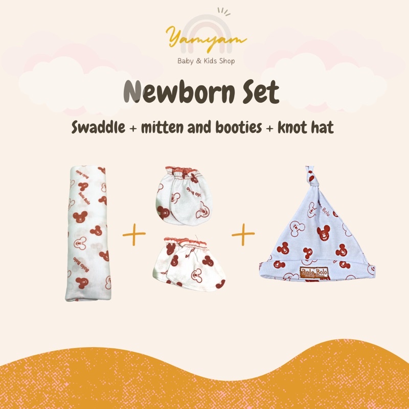 newborn set bedong set package paket bayi baru lahir sweaddle mitten booties knot hat bedong sarung tangan kaki sartaki stk topi bayi bolo bolo diti baby