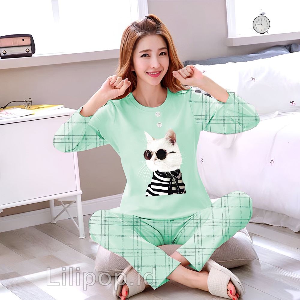 Lilipop.id  Baju Tidur Wanita Cat Cool Celana Panjang PP Allsize Lengan Panjang Baby Doll Bahan Kaos Dewasa