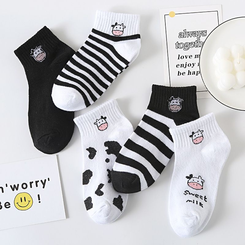 [littlecrab] Kaos Kaki Hitam Putih Motif Sapi Moo Black White Garis Cow Import Sock High Quality Korean Style