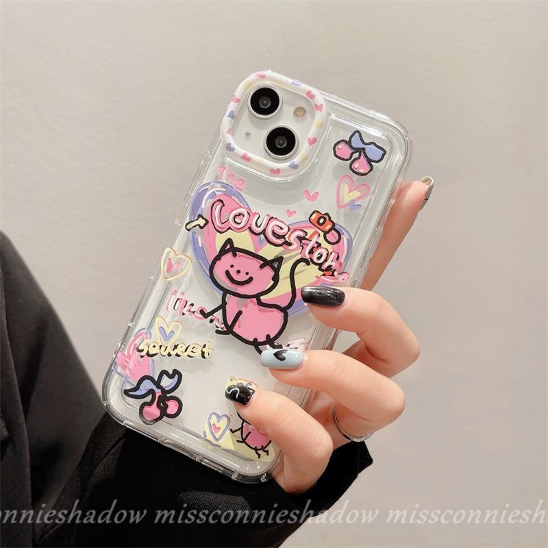 IPHONE Casing Ponsel Kucing Kartun Lucu Kompatibel Untuk Iphone7 8 6s 6 Plus11 13 12 14 Pro Max XR X XS Max SE 2020 Ins Graffiti Cinta Hati Bening Lembut Silicon TPU Airbag Shockproof Cover