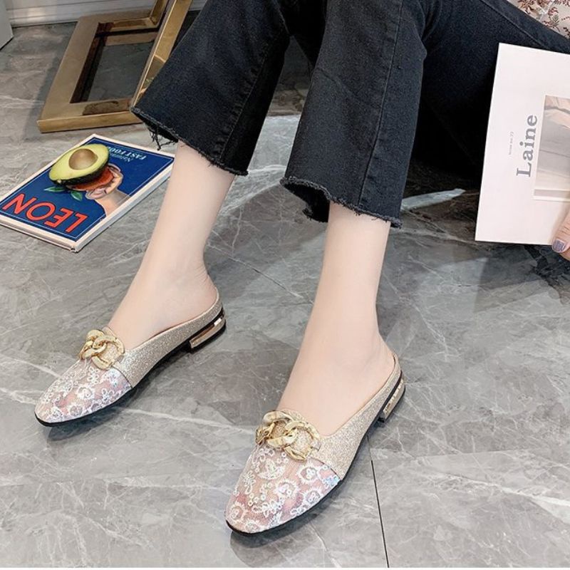 DDS23547 Sepatu Slop Wanita Fashion Import Sandal Mules Retro Chain Beryl Slip On Bisa COD (With Box)