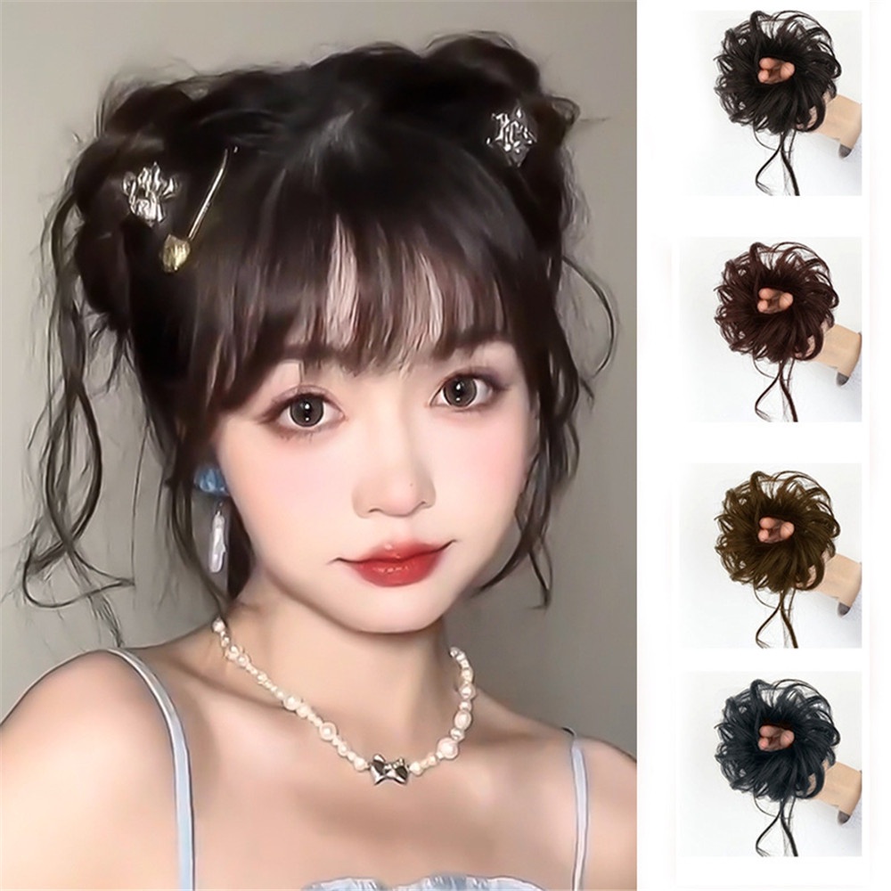 1pasang Y2K Rumbai Fluffy Round Bun Wig Untuk Gadis Manis Muda Wanita Kepala Bola Ganda Aksesoris Rambut