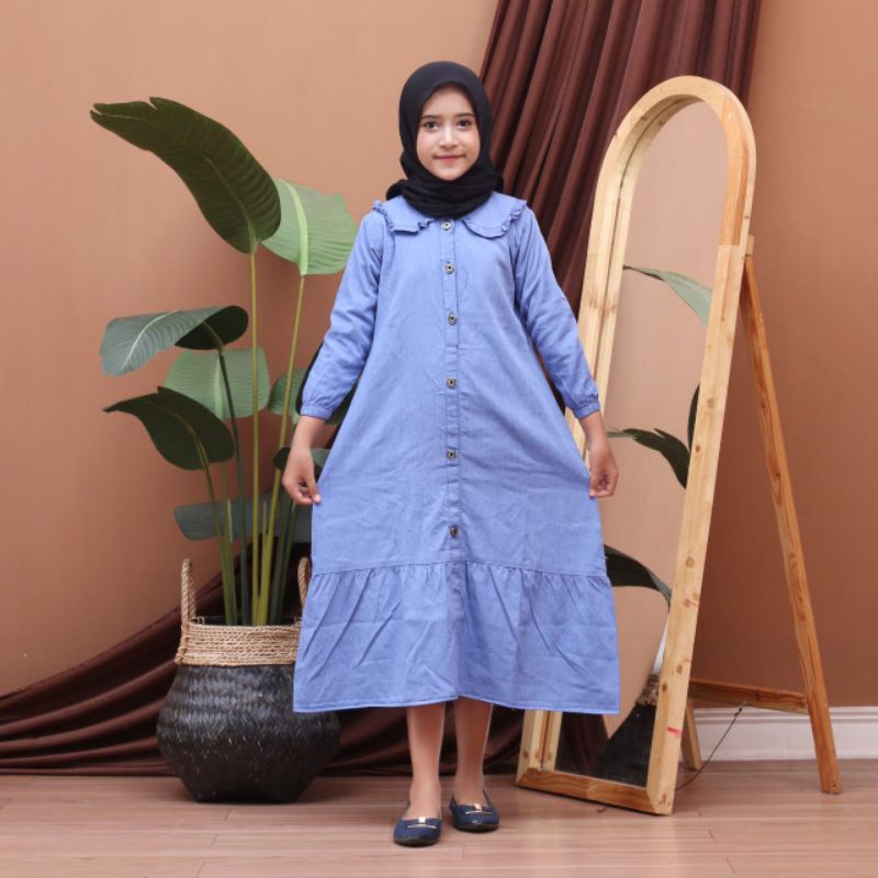 Gamis Anak Jeans Baju Muslim anak Semi Jins Dress Anak Perempuan Lengan Panjang Terbaru