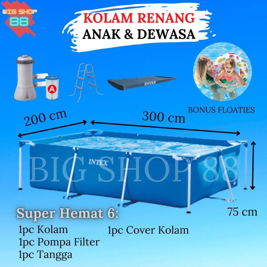 Paket Hemat Intex Kolam Renang Rectangular Frame Pool Kolam Ikan Terpal Kolam Renang Anak Jumbo 3M 3