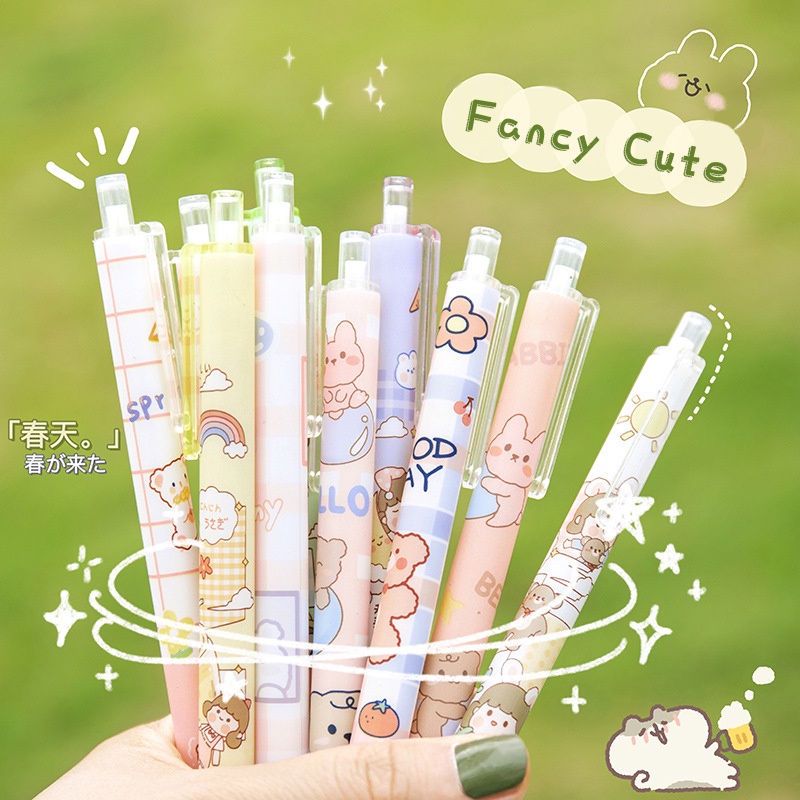 1pc Pola Acak Fancy Lucu Press Pen Kartun Beruang Gel Pulpen 0.5mm Tinta Hitam Pena Ditarik Siswa Alat Tulis Sekolah Perlengkapan Kantor