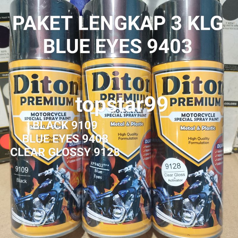 Diton Premium Paket Lengkap 3 Kaleng 400cc Biru Xirallic Xiralic Blue Eyes 9403 Black 9109 Clear Glossy 9128 Pilox Pilok Cat Semprot Spray Paint