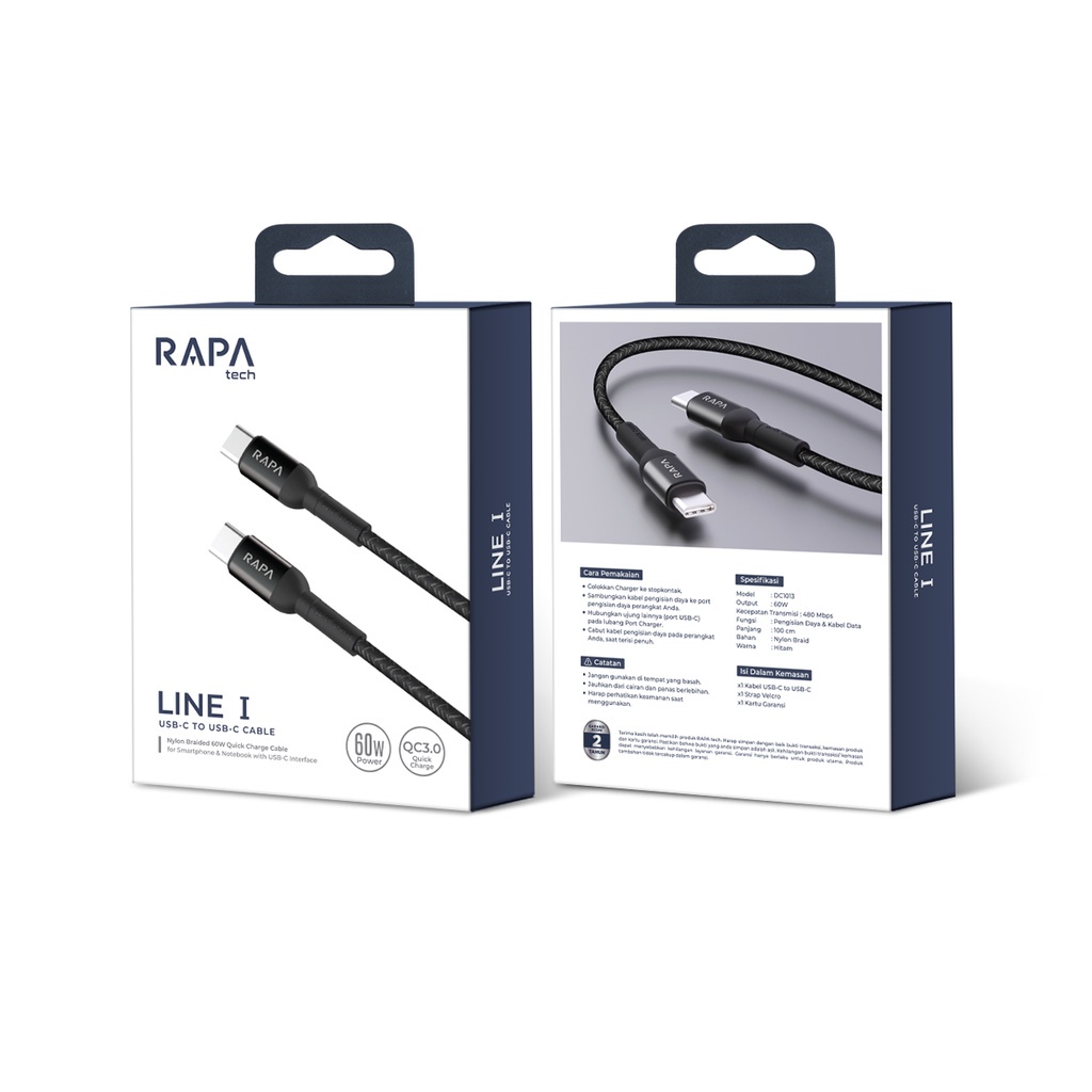 RAPAtech ORIGINAL CABLE USB TYPE C TO TYPE C PD 60W SUPER FAST CHARGING CABLE LINE l[DC1013]