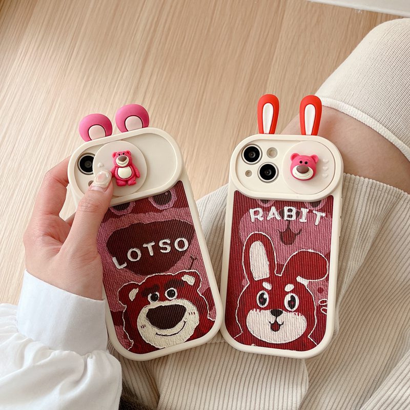 IPHONE Casing Kulit Lembut Pelindung Kamera Slide Dapat Didorong Untuk Iphone11 12 13 14 Pro Max 14 Plus Casing Phone Cover Cute Rose Red Bear Losto Womens Girl's Gifts cassing hp