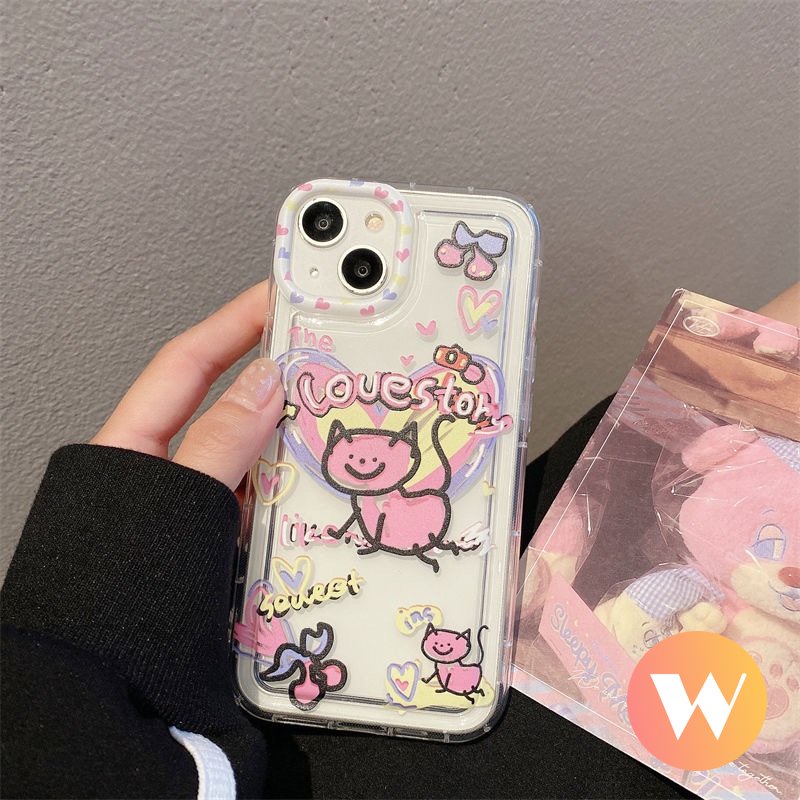 IPHONE Ins Graffiti Phone Case Kompatibel Untuk Iphone11 13 12 14 Pro Max XR X7 8 6s 6 Plus XS Max SE 2020 Lucu Kartun Cinta Hati Kucing Lembut Silicon TPU Airbag Shockproof Clear Cover