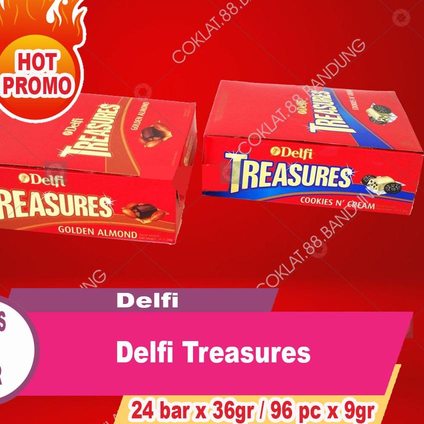 

✧ Delfi Treasure Box Isi 24 Bar X 36gr Golden Almond Cokelat, Coklat Delfi Treasures Cookies Cream 24 Pak 96 pcs X 9 gram Kiloan ❇