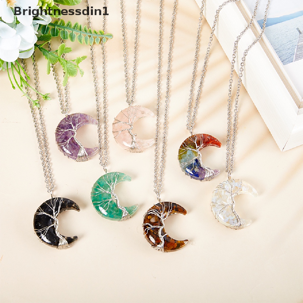 [Brightnessdin1] Kristal Alami Liontin Pohon Kehidupan Kalung Bentuk Bulan Reiki Kalung Kawat Bungkus Bulan Sabit Batu Alam Resin Perhiasan Hadiah Butik