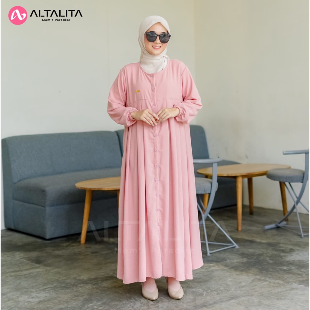 Altalita - Dress Amaraa Full Kancing Cringkle Airflow Wanita Muslimah Lengan Panjang Busui Gamis Polos Kekinian Basic Casual Premium Lebaran Kondangan Vintage Terbaru