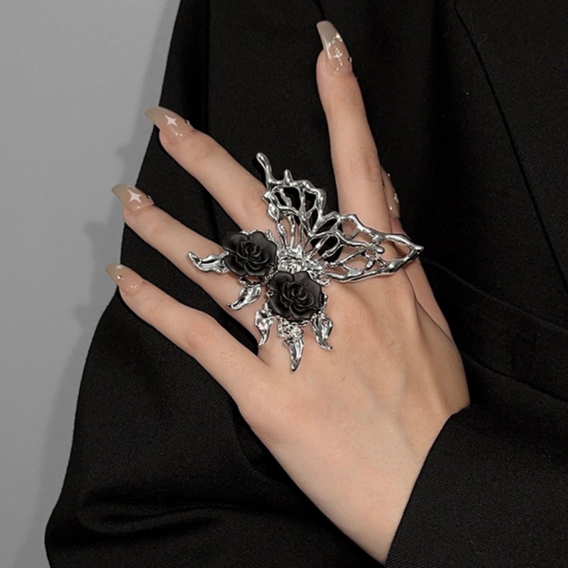 Black Rose Butterfly Trendy Desain Niche Classy Opening Adjustable Ring