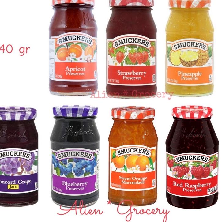 

☏ Smucker Smuckers Selai Olesan Apricot Strawberry Red Raspberry Blueberry Pineapple Grape Concorde Sweet Orange 340gr ❁